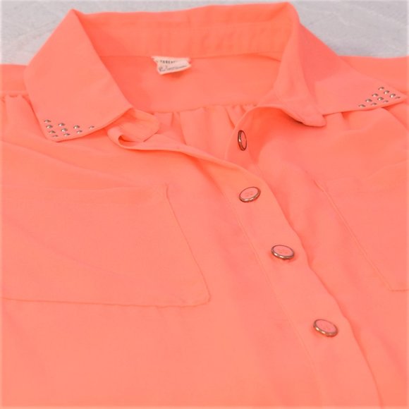 Forever 21 Fluorescent Neon Coral Button Studded Sheer Shirt Tank Top Blouse S - Picture 7 of 10